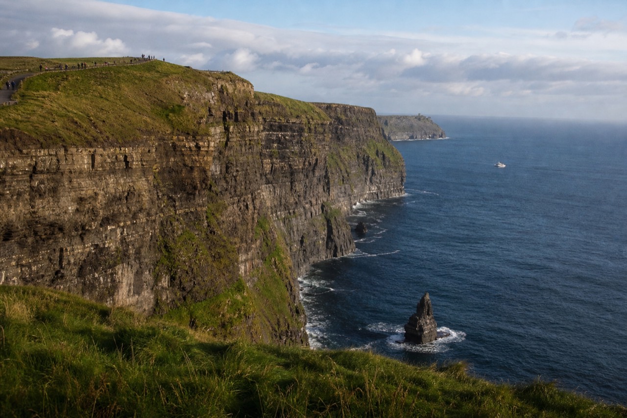 The Cliffs of Moher in late afternoon light, walkers small along the clifftop path above the sheer drop and a cruise boat tiny on the sea far below.